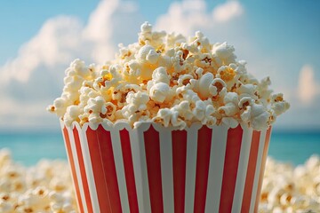 Closeup of a bucket of popcorn. Perfect for a movie night at the beach or at home.