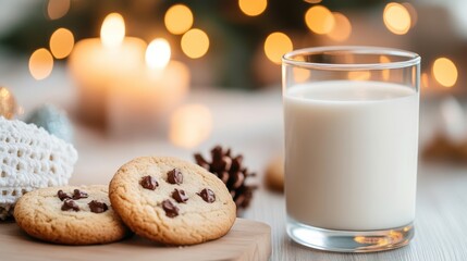 A comforting image of chocolate chip cookies and a glass of milk next to glowing candles and fairy lights, creating a magical holiday and homey feel.