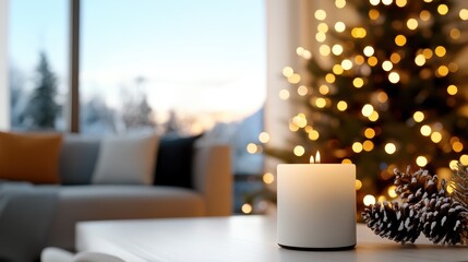An elegant room set with a white candle placed on a polished surface foregrounded by a softly lit Christmas tree, blending festive ambiance in an inviting living scene.