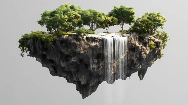 3d rendering of a floating island with a waterfall and trees isolated on a grey background. Floating Mystic Island. Illustration