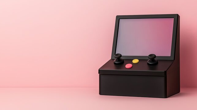 A sleek, modern arcade gaming console with a screen and colorful buttons set against a soft pink background.