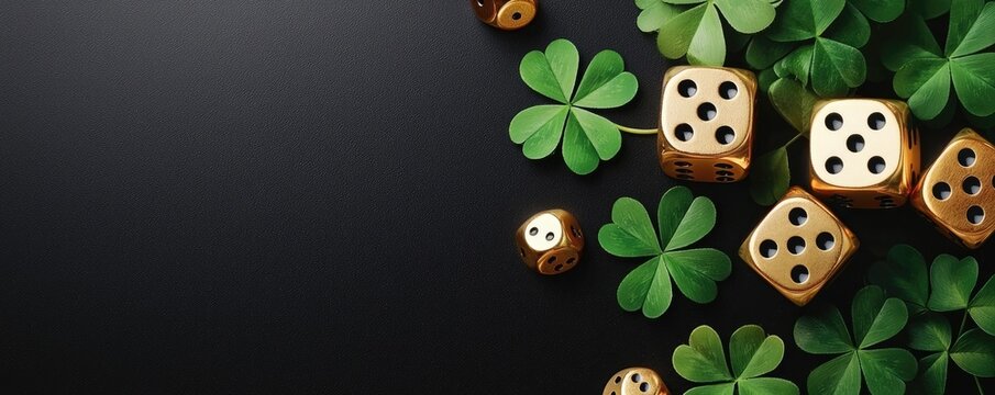 A flat lay of golden dice and green clovers on a dark background, symbolizing luck and chance.