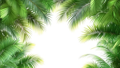 Palm leaves frame a white background. Ideal for tropical designs or adding a touch of nature to your project.
