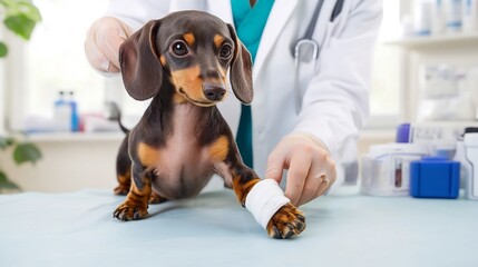 Veterinarian Bandaging Dachshund Paw in Medical Clinic