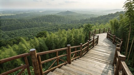 Obraz premium Wooden railings and steps lead up to a lookout point over a vast bamboo landscape, scenic overlook, bamboo landscape viewpoint, wooden stairs, wooden railing