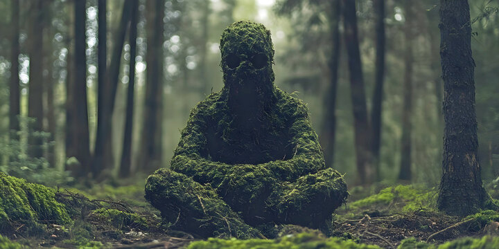 moss man sitting in woods, ai generated.