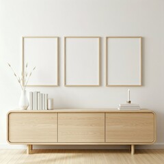Minimalist room with three blank frames on the wall and a modern wooden sideboard displaying books and a candle.