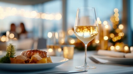 Naklejka premium A well-arranged dinner table featuring a wine glass, with holiday dishes and soft glowing lights, creating an elegant and inviting festive dining experience.