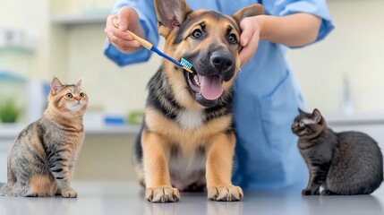 Veterinary Professional Demonstrating Dog Dental Care with Curious Cat Observing