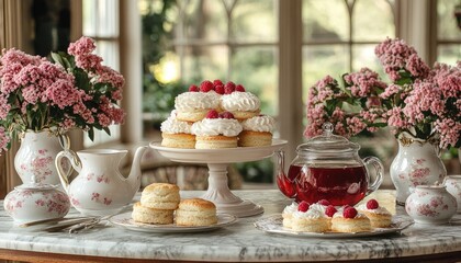 Tea and scones with whipped cream and berries. This image represents a delicious and charming afternoon tea party.