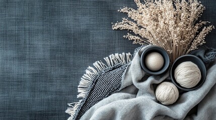 Cozy Autumn Still Life: Yarn, Blanket, and Dried Flowers