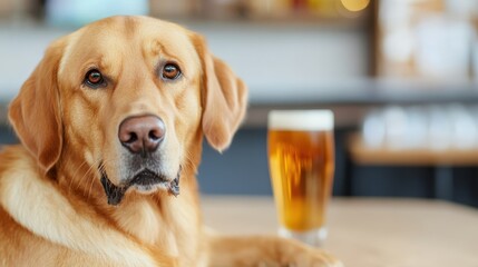 A golden retriever sits next to a pint of beer on a counter. The dog's attentive gaze contrasts with the casual, relaxed atmosphere of the pub.