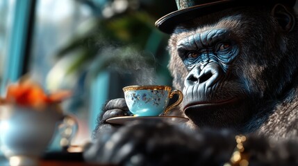 A gorilla, elegantly sporting a top hat, savors a steaming tea cup, juxtaposing wild nature with refined human habits in a warm, inviting setting.