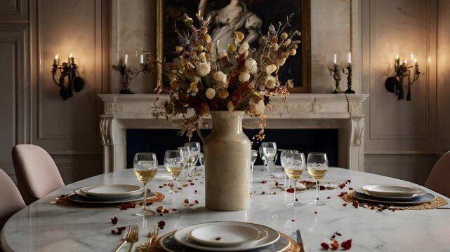French chateau style, with a marble table, antique vase, and soft, ambient lighting