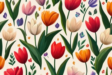 Obraz premium Colorful floral pattern with various tulips and flowers on a light background, perfect for spring-themed designs and decorative purposes.