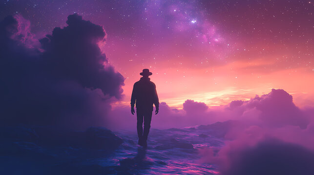 Man walking under galaxy glow light sky, dreamy ethereal fantasy vibes background. Galactic Horizon Edge. Illustration