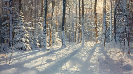 Naklejka premium A serene winter forest scene with snow-covered trees and gentle sunlight filtering through.