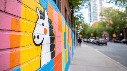 A vibrant street mural featuring a playful horse illustration on a colorful brick wall, adding...