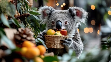 In a festive atmosphere brimming with lights, an adorable koala is nestled among leaves, holding a basket of assorted fruits, creating a playful holiday feel.