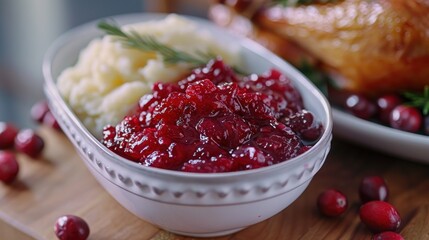 A bowl of cranberry sauce next to mashed potatoes and garnished with fresh herbs.