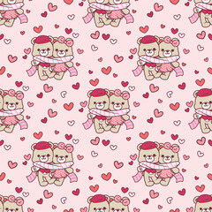 Seamless pattern cartoon of two pink teddy bear wearing the same scarf. sweet print for kids textile design. Pattern design for fabric, wrapping paper, surface, wallpaper and fashion prints.