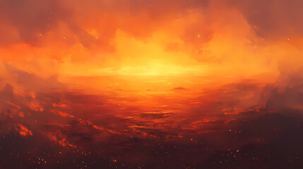 Fototapeta premium An ethereal vista unfolds as a fiery sunrise crests the edge of a barren alien world, with a vibrant nebula glowing across the cosmic expanse. Galactic Horizon Edge. Illustration