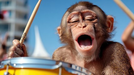 Captured in a moment of intense passion, a shouting chimpanzee is fully engaged with its drumming act, expressing vitality and exuberant energy.