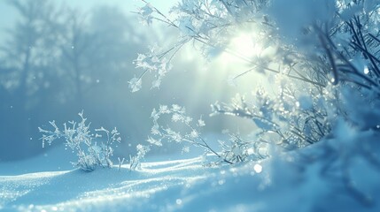 A serene winter landscape with frost-covered plants and soft sunlight filtering through.
