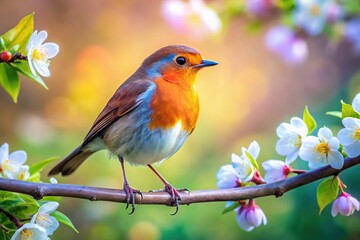 Fototapeta premium Copy space abounds as a robin finds its perch amidst the blossoming springtime.