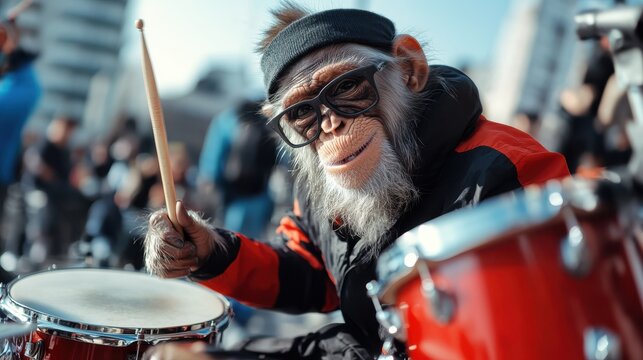 A stylish ape, donning sunglasses and a headband, captivates the urban crowd with a remarkable drumming performance, blending urban flair with musical skills.