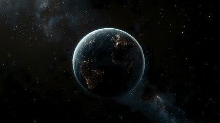 Obraz premium A mesmerizing high-resolution view of earth from space at night showing lit-up cities and continents against the dark void of space. Galactic Horizon Edge. Illustration