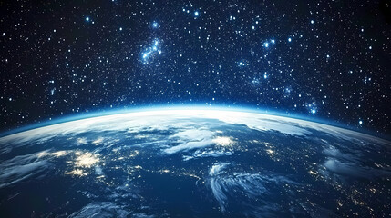 Obraz premium A breathtaking view of earth's sky from space, the blue atmosphere curving along the planet's edge with the stars above. Galactic Horizon Edge. Illustration