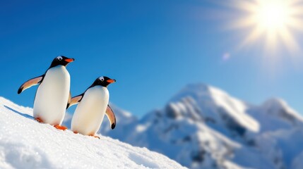 Obraz premium Under the bright sunlight, two penguins stand together atop a snowy hill, gazing into the distance, reflecting companionship and the beauty of nature.