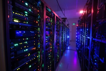 A server room filled with racks of powerful servers processing vast amounts of data, with glowing LED lights and data cables visible.