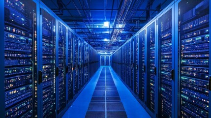A server room filled with racks of servers processing vast amounts of data for real-time analysis.