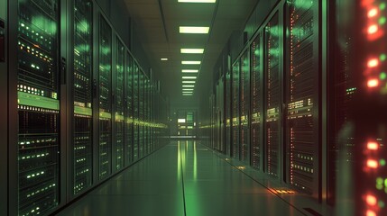 Fototapeta premium A server room with rows of high-performance computers and servers, processing vast amounts of data for analysis.