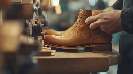 A shoemaker handcrafting a custom pair of leather boots, stitching the sole with precision.