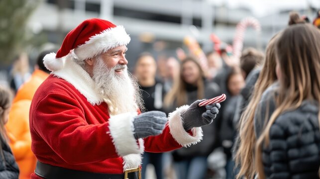 In a lively winter crowd, Santa Claus in his classic red suit generously gives candy canes to smiling children, embodying the spirit of generosity and community celebration.