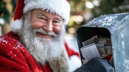 A delighted Santa with snow-dusted beard and red suit joyfully checks mail full of holiday greetings, representing warmth and connection amid wintry scenery.