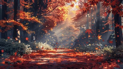 Fototapeta premium A serene autumn forest path illuminated by sunlight, with falling leaves creating a tranquil scene.
