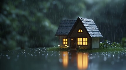 Fototapeta premium A small cozy house with warm lights glowing inside, surrounded by heavy rainfall outside.