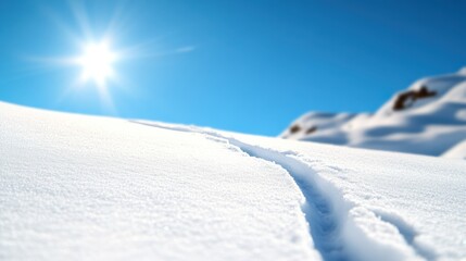 Obraz premium A close-up perspective of fresh snow leading into a bright horizon, highlighting the brilliant sun rays and creating a serene and tranquil winter atmosphere.