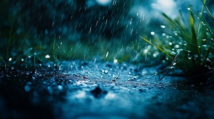 Fototapeta premium Rain drops falling on grass and ground.