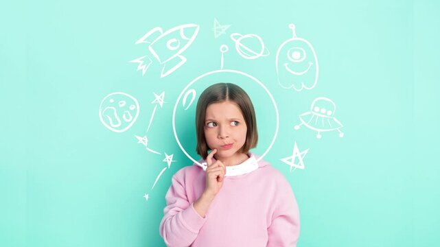 3d motion collage video of minded cute little girl wear space helmet dream cosmos rocket planet alien cartoon galaxy