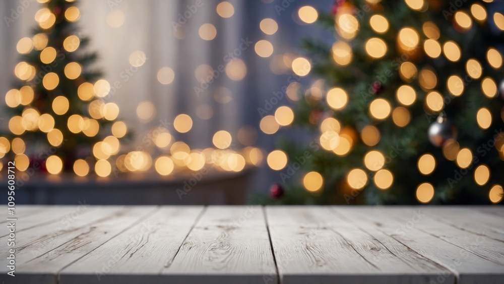 Wall mural rustic wood board mockup surface with christmas trees with gold bokeh lights background