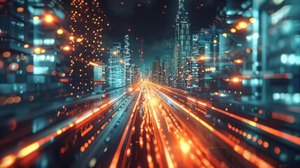 Fototapeta premium A vibrant cityscape with dynamic light trails, suggesting speed and technology.