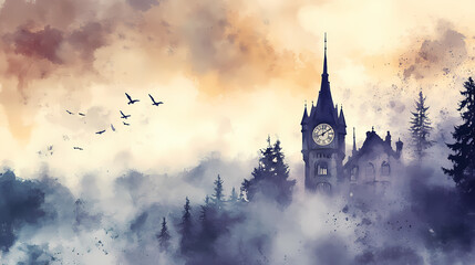 Fototapeta premium Gothic clock tower ticking away time in a misty watercolor village landscape. Mechanical Clock Tower. Illustration
