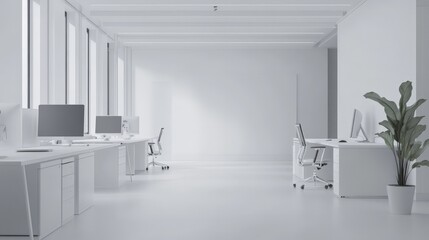 A spacious, bright office interior featuring clean white walls, open desks, and a quiet, serene atmosphere, with an empty wall ready for branding or design mock-ups.