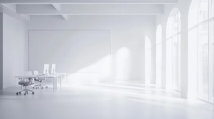 A spacious, bright office interior featuring clean white walls, open desks, and a quiet, serene atmosphere, with an empty wall ready for branding or design mock-ups.