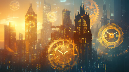An intricate steampunk cityscape with towering buildings, gears, and large clock faces, bathed in warm, golden light. steampunk cityscape. illustration. Mechanical Clock Tower. Illustration